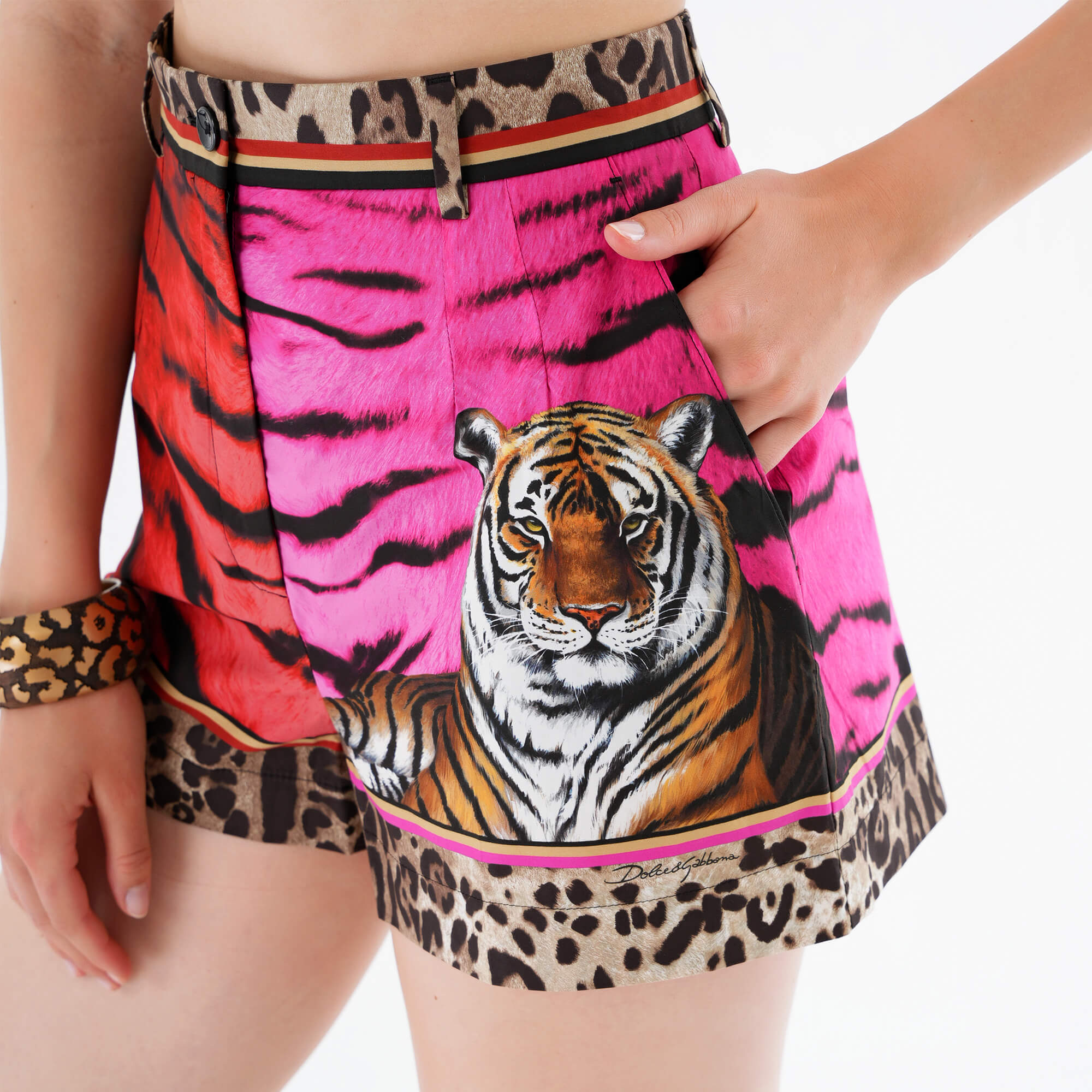 Dolce Gabbana - Red & Pink Tiger Print Cotton Shorts IT44